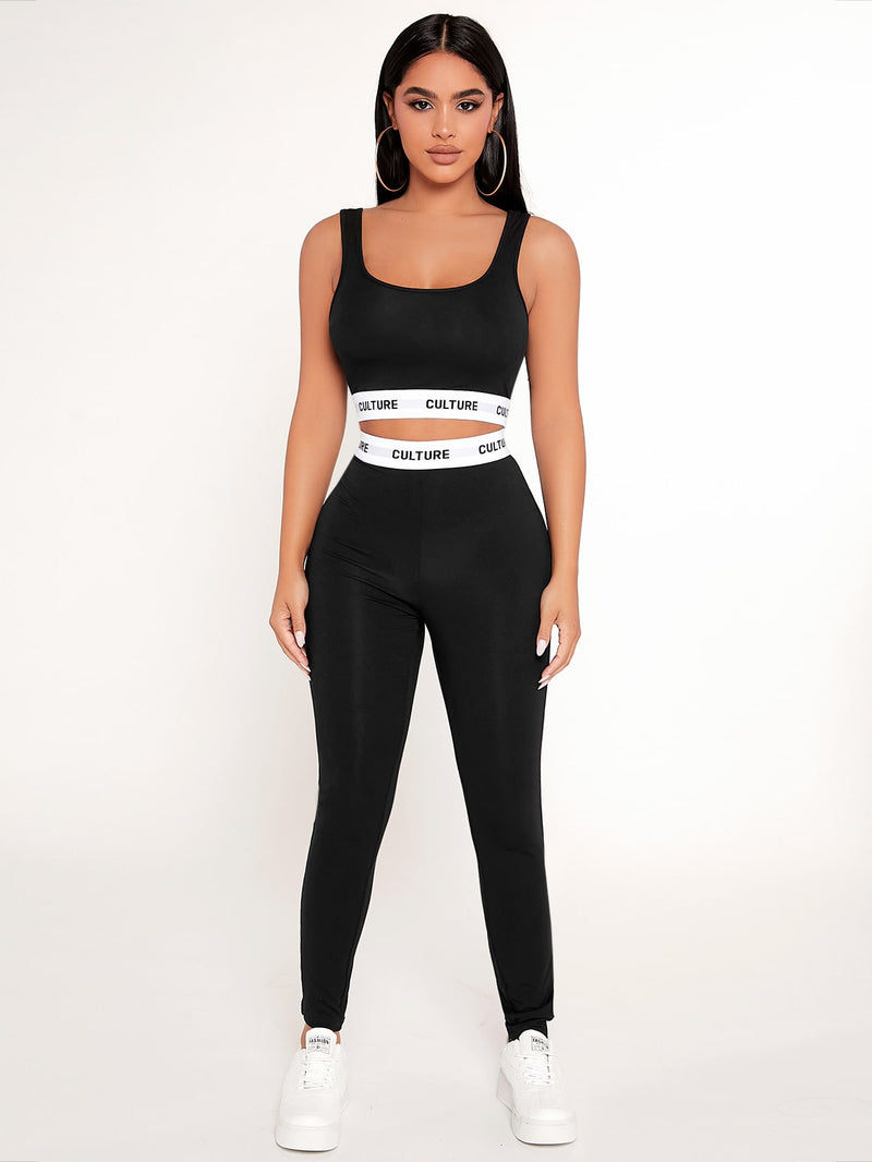 PETITE Letter Tape Crop Tank Top Leggings Set