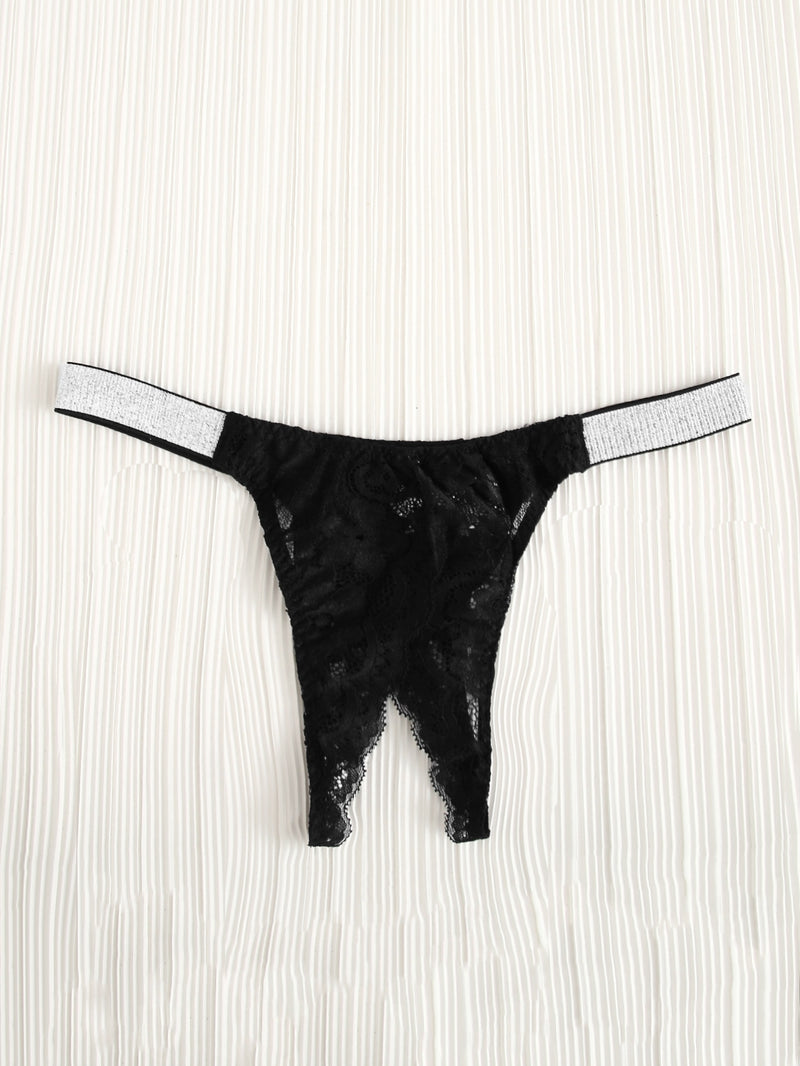 Lace Insert Contrast Tape Crotchless Thong