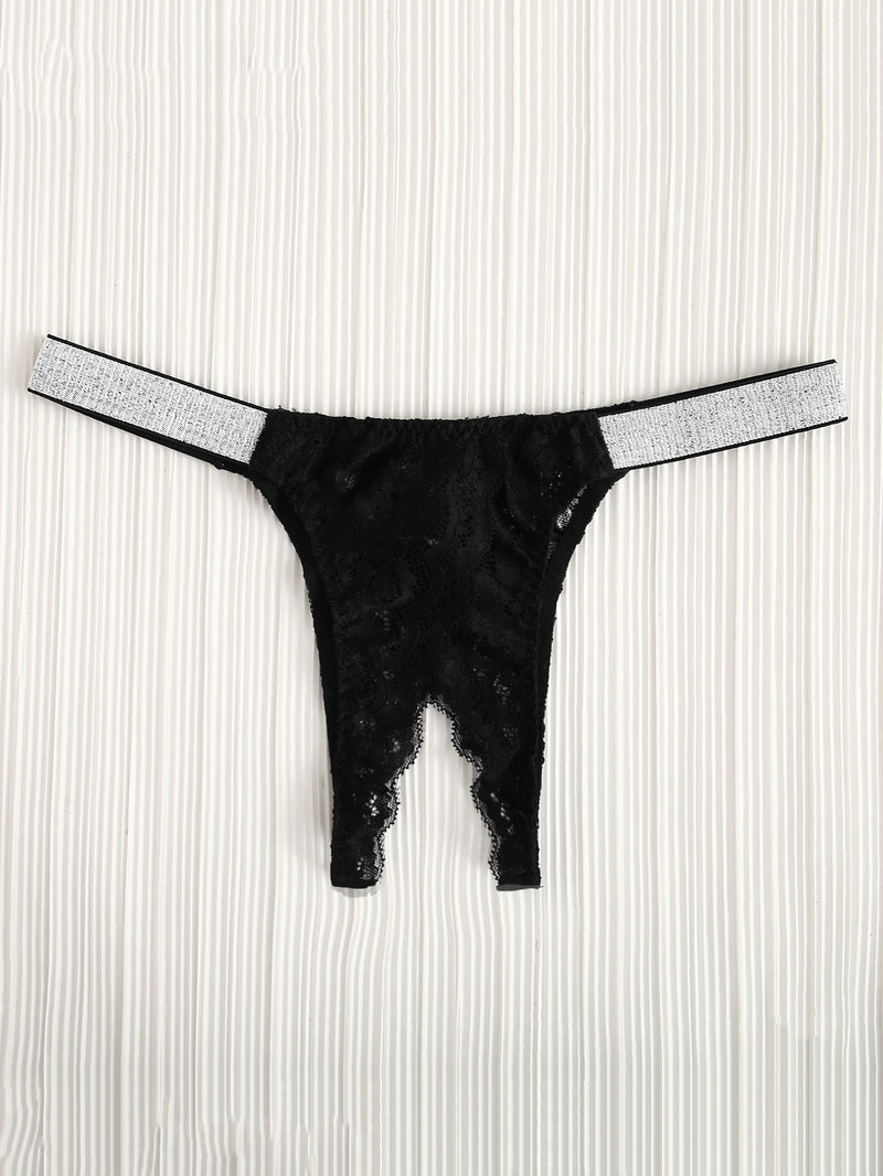 Lace Insert Contrast Tape Crotchless Thong