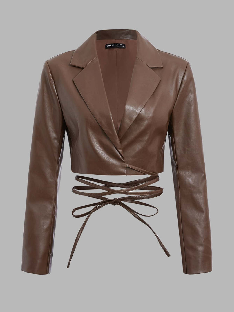 Lapel Neck Tie Back PU Leather Jacket
