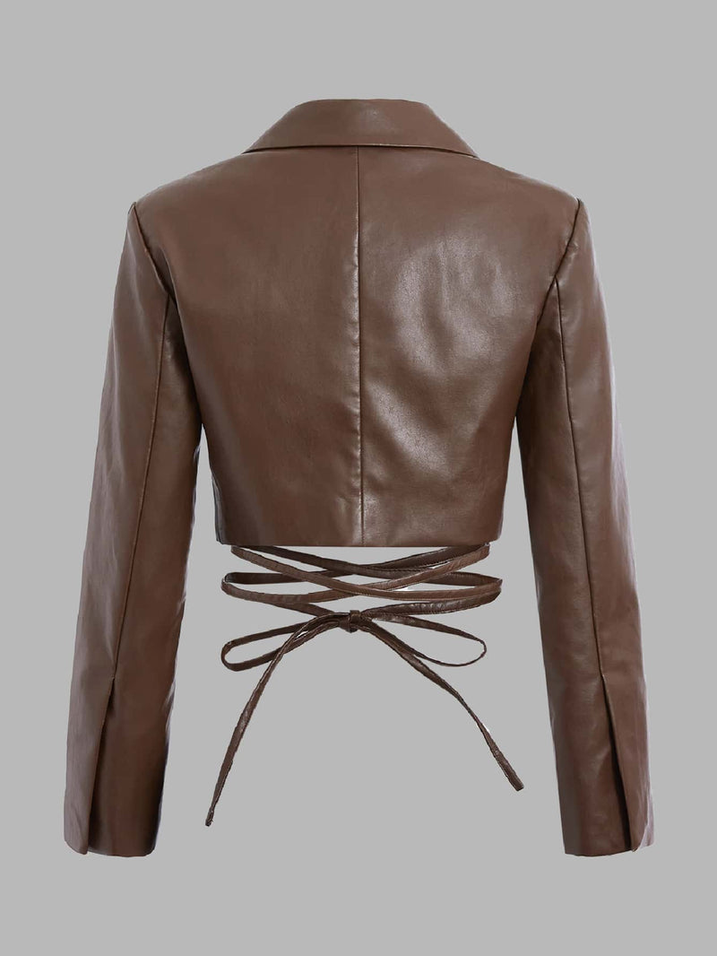 Lapel Neck Tie Back PU Leather Jacket