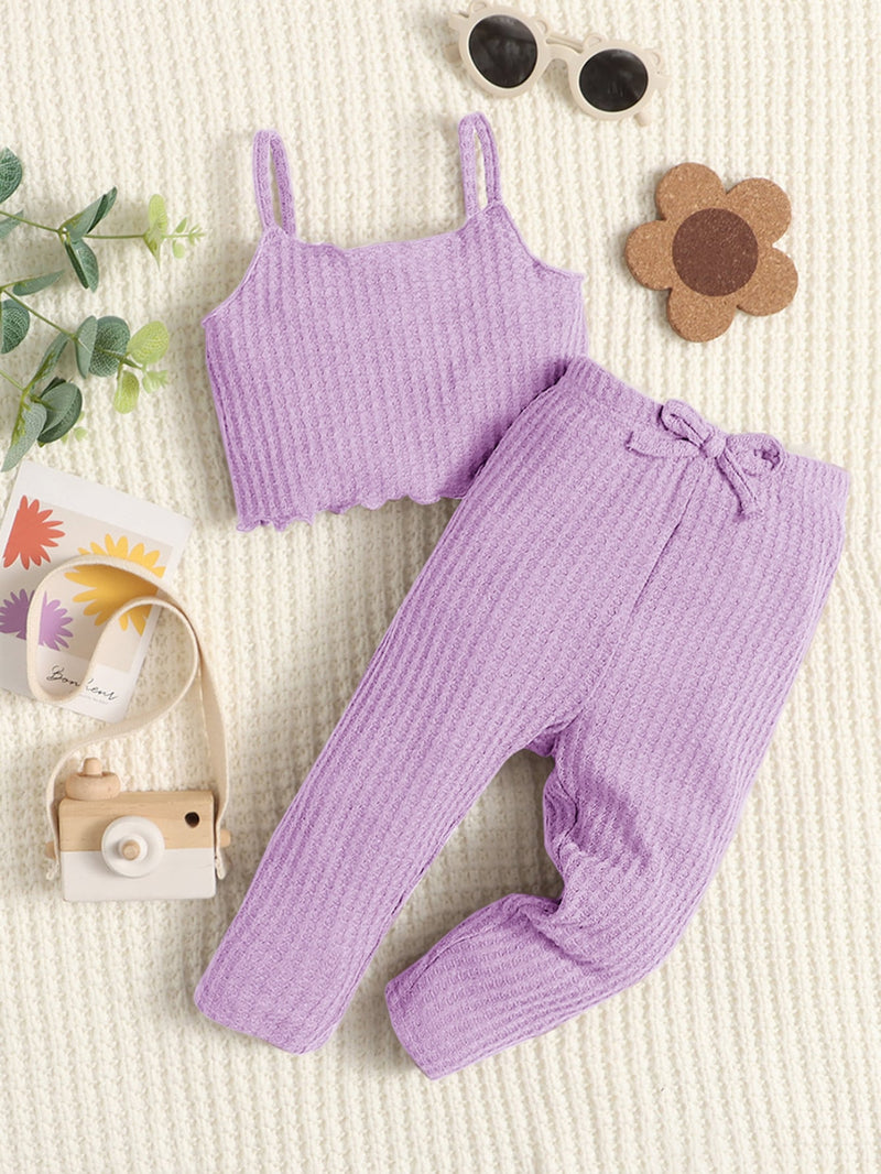 Baby Waffle Knit Lettuce Trim Cami Top Bow Front Pants