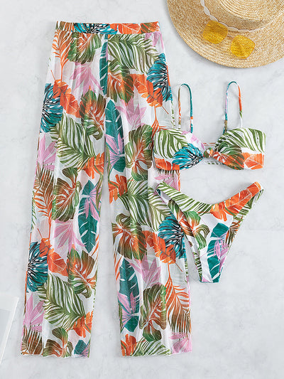 3pcs Tropical Print High Cut Bikini Swimsuit With Cover Up