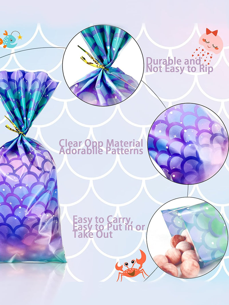 100pcs Opp Material Gift Bag Mermaid Scale Pattern Candy Biscuit Baking Gift Wrapping Bag For Kids Party Favor Supplies