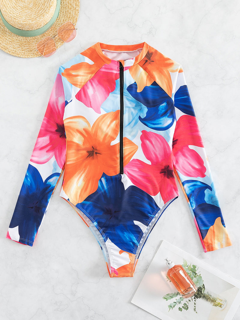 Floral Print Zip Front One Piece Swimsuit