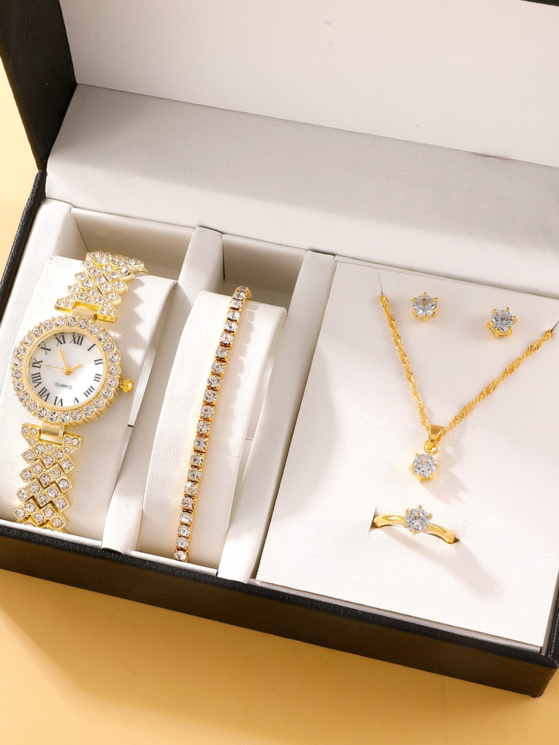 Rhinestone Decor Quartz Watch 5pcs Jewelry Set