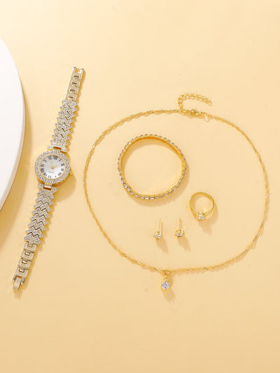 Rhinestone Decor Quartz Watch 5pcs Jewelry Set
