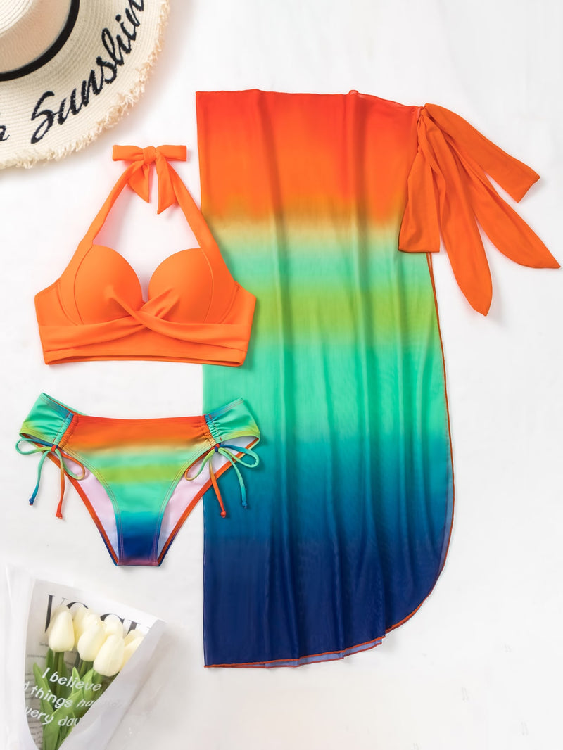 Ombre Twist Push Up Bikini Swimsuit With Beach Skirt