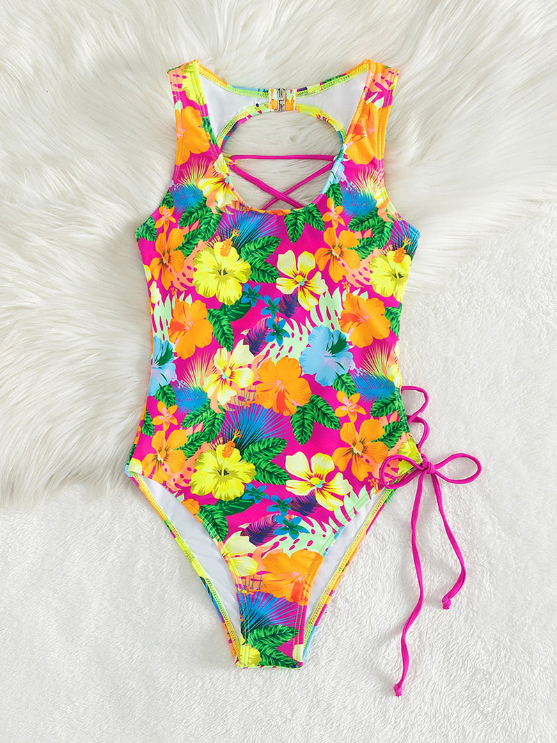 Random Tropical Print Lace Up One Piece Swimsuit