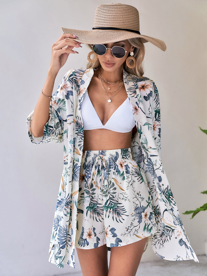 VCAY Tropical Print Blouse Tie Front Shorts
