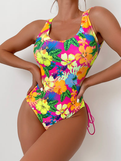Random Tropical Print Lace Up One Piece Swimsuit