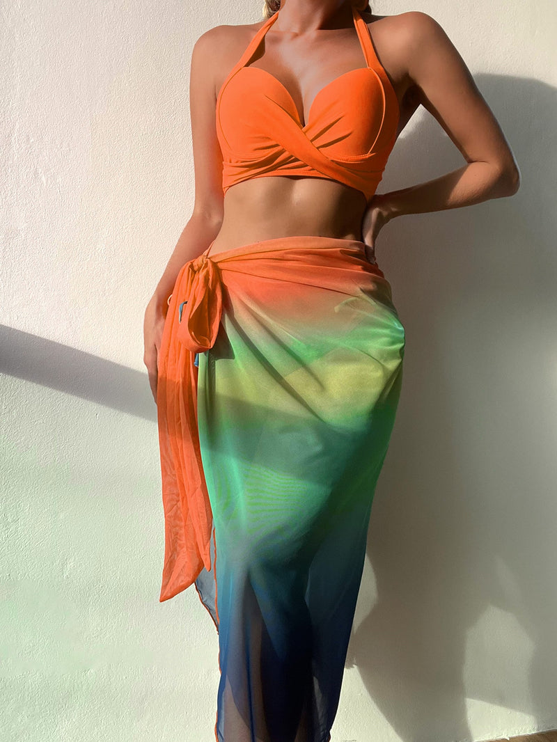 Ombre Twist Push Up Bikini Swimsuit With Beach Skirt