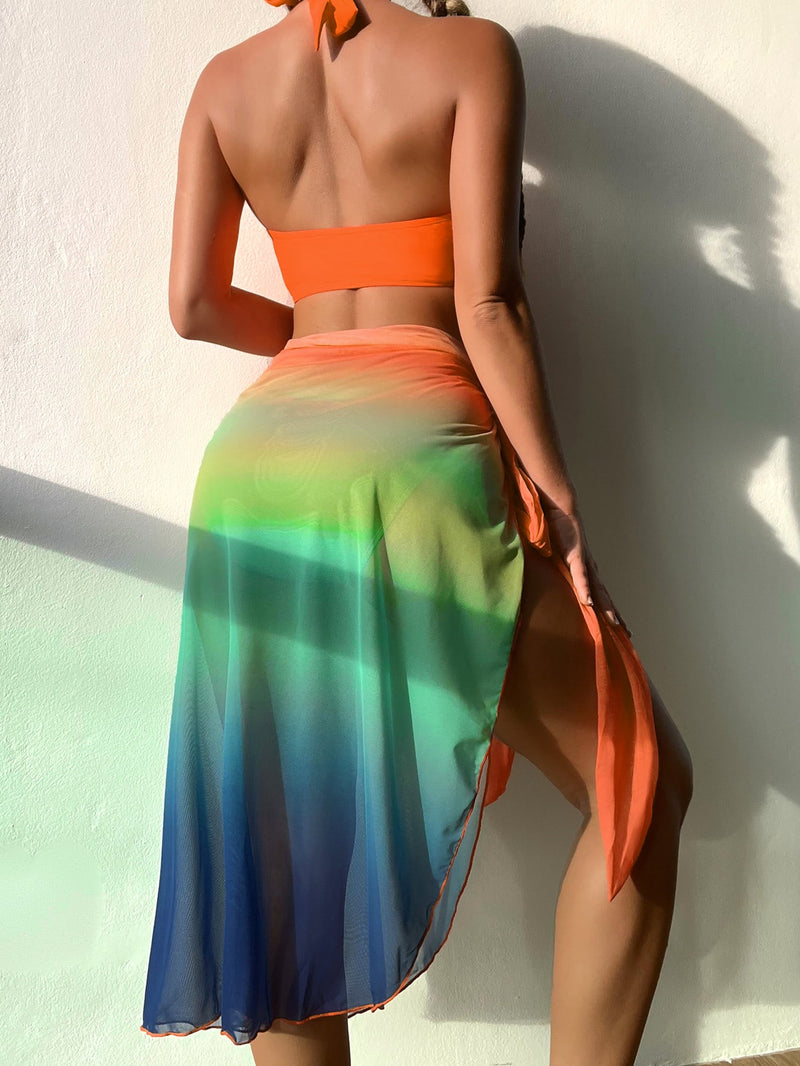 Ombre Twist Push Up Bikini Swimsuit With Beach Skirt