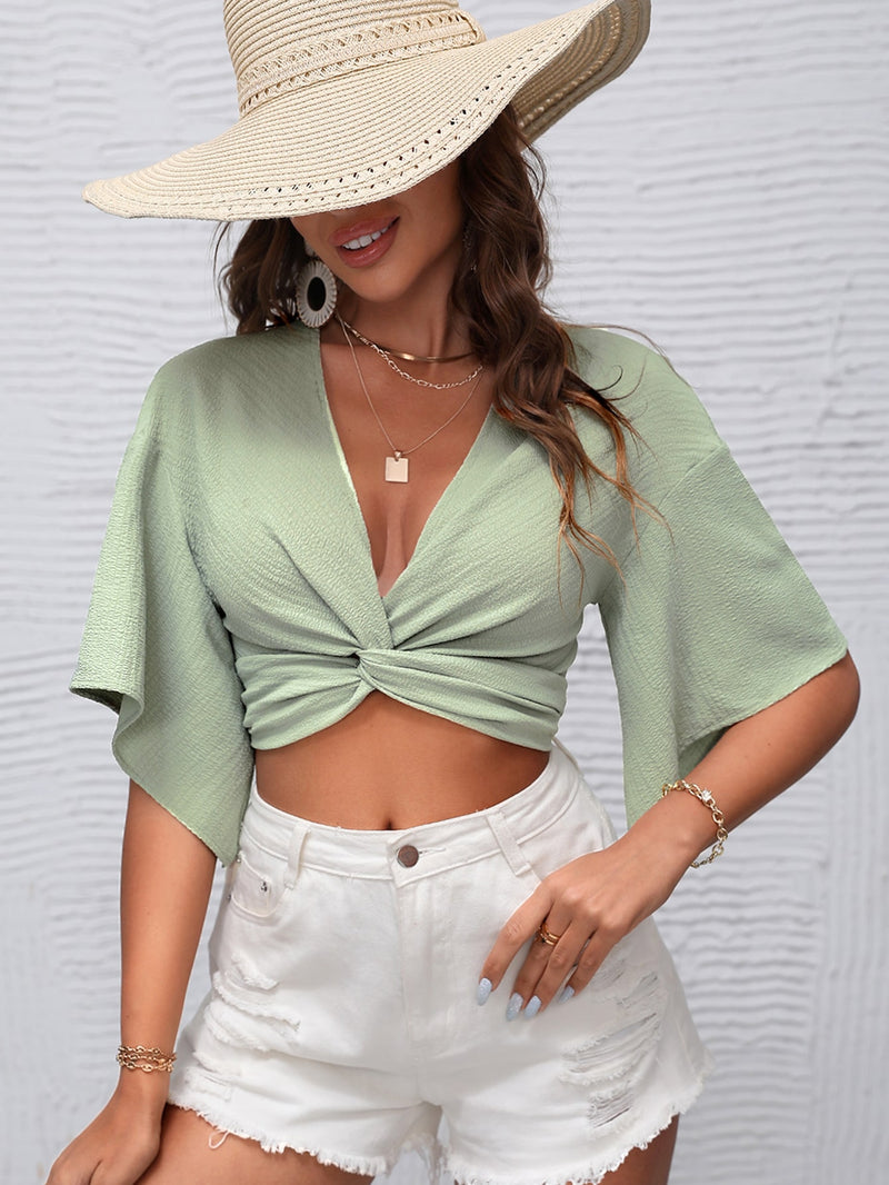 VCAY Solid Twist Front Beach Blouse