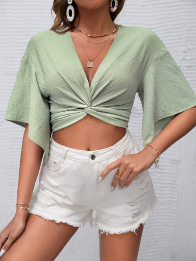 VCAY Solid Twist Front Beach Blouse