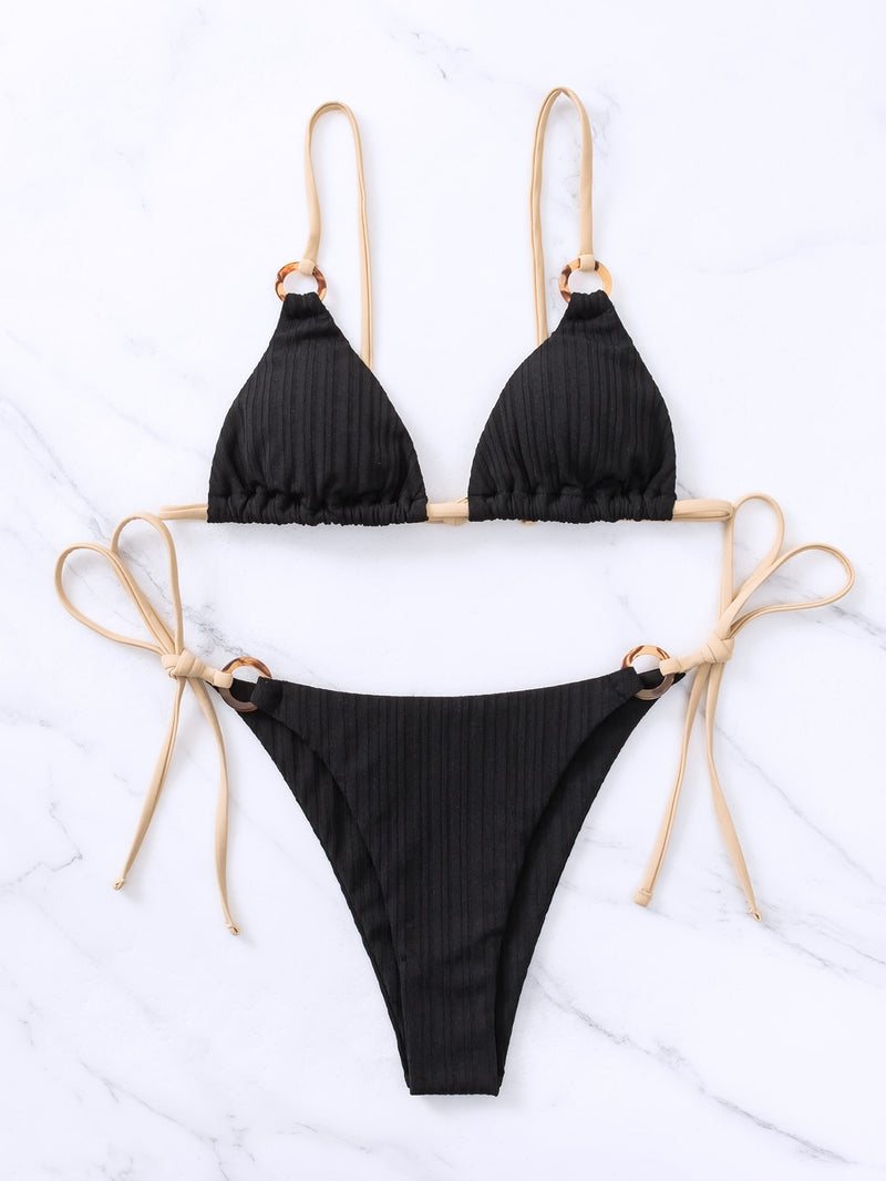 Ring Linked Triangle Tie Side Bikini Swimsuit