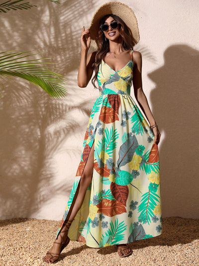 Tropical Print Split Thigh Cami Dress