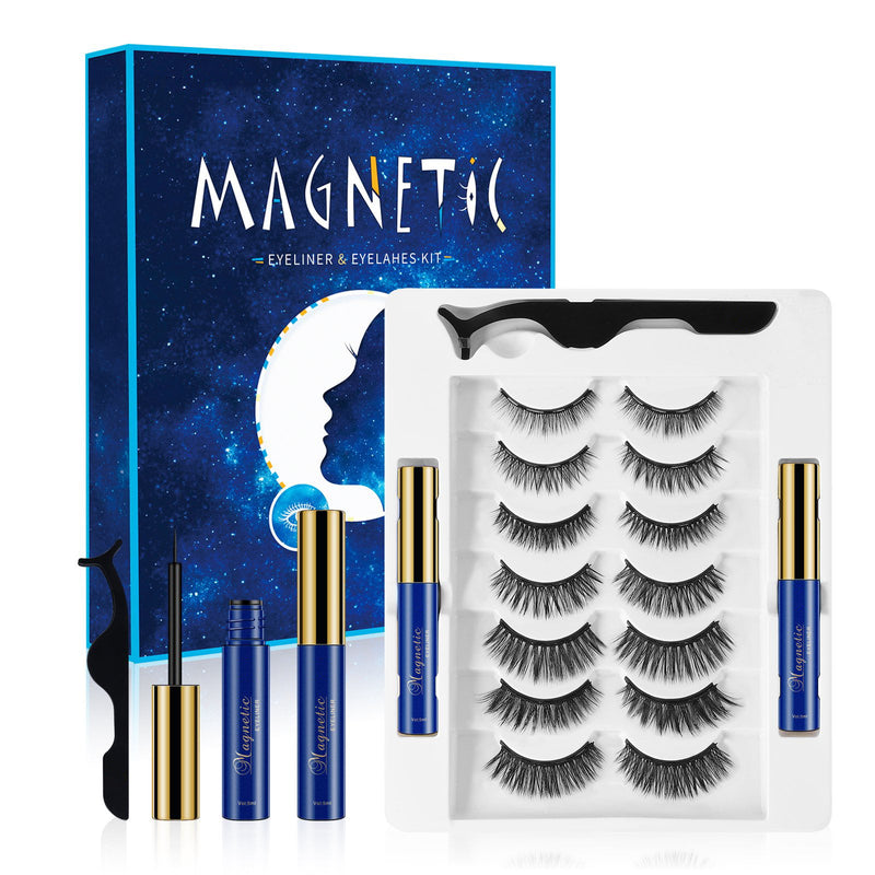 Mgtel Magnetic Eyelashes 7 Pairs Magnetic Lashes with 2 Tubes Magnetic Eyeliner Kit, Reusable False Eyelashes Magnetic 3D Natural Look, Easy to Apply Waterproof Long Lasting