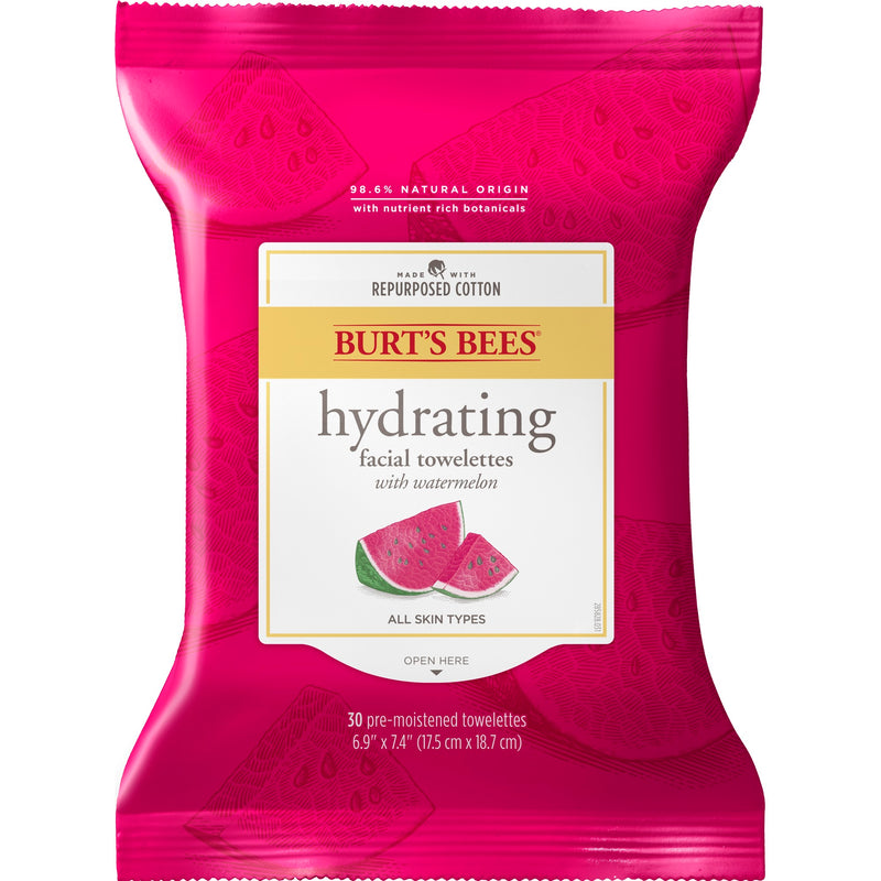 Burts Bees Hydrating Pre-moistened Facial Cleanser Towelettes with Watermelon, 30 Count