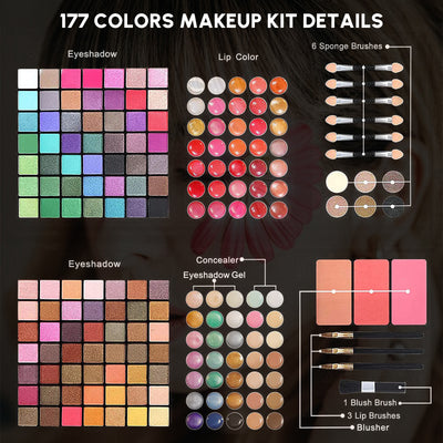 Cosprof 177 Colors Makeup Cosmetic Shimmer Matte Naked Pigment Eyeshadow Palette Sombras, 8 Pcs Mini Makeup Brush Set, Blush Lip Gloss Eyebrow Powder Concealer Beauty Cosmetic Makeup Set