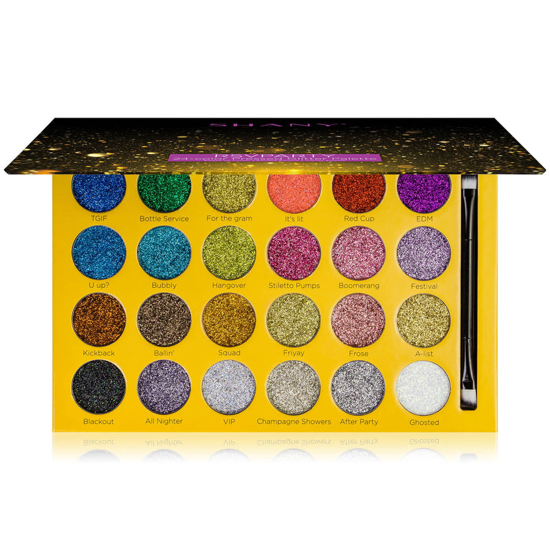 SHANY RSVParty Glitter Eyeshadow Palette - 24 Long-Lasting Pressed Glitter Pigments for Face and Body - Ultra Pigmented Glitter Makeup set with Brush.