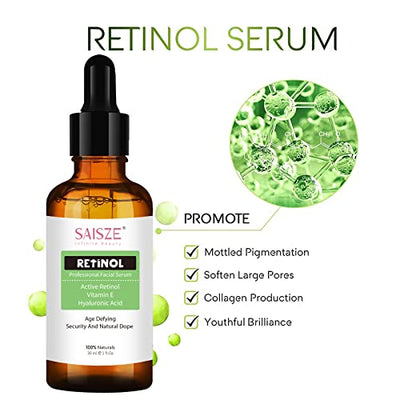 Set of SAISZE Anti-Aging Facial Serum Set - Vitamin C Serum, Hyaluronic Acid Serum, Retinol Serum - Brightening Serum, Anti Wrinkle Serum, Dark Spot Corrector for Face, Acne Scars, Pore Minimizer - 3x1 Fl Oz