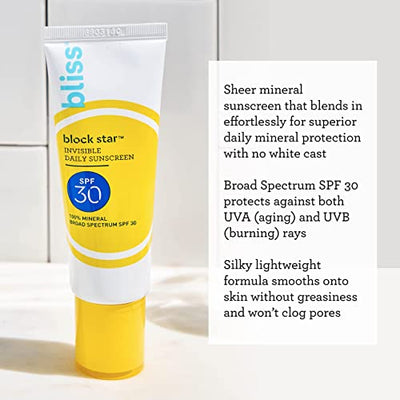 Bliss Tinted Sunscreen | Block Star Face Sunscreen | SPF 30 | 100% Mineral Sunscreen | Non-Greasy & Non-Irritating | Vegan | 1.4 fl oz