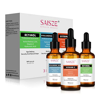 Set of SAISZE Anti-Aging Facial Serum Set - Vitamin C Serum, Hyaluronic Acid Serum, Retinol Serum - Brightening Serum, Anti Wrinkle Serum, Dark Spot Corrector for Face, Acne Scars, Pore Minimizer - 3x1 Fl Oz