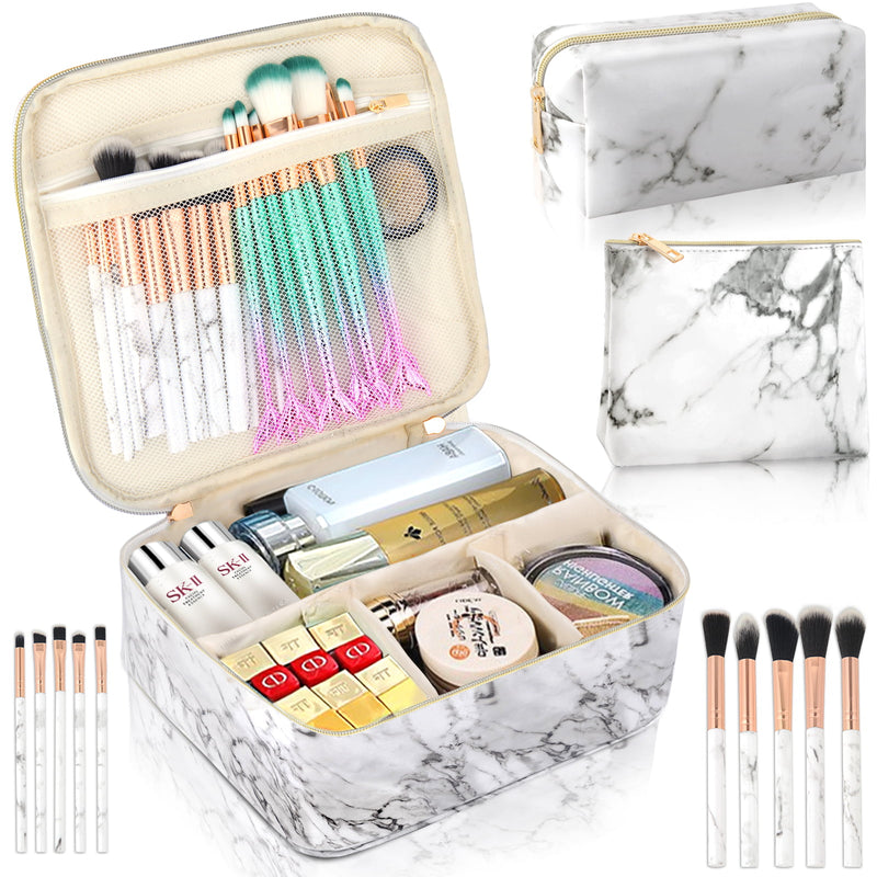 3 Pack Makeup Organizer Bags and Travel Cases with 10 Pcs Make up Brushes & Adjustable Dividers