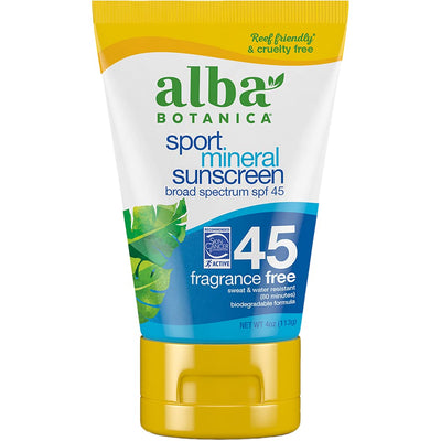 Alba Botanica Sport Sunscreen Lotion, SPF 45, Fragrance Free, 4 Oz