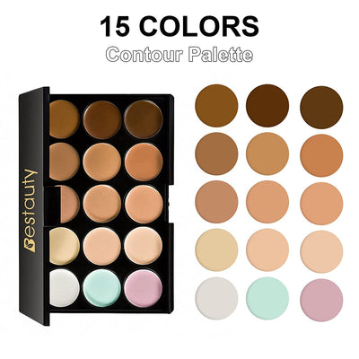 Color Correcting Concealer Palette, Bestauty 15 Colors Multi-Use Concealer Highlighting Makeup Kit with Sponge Puff Oval & Makeup Brush