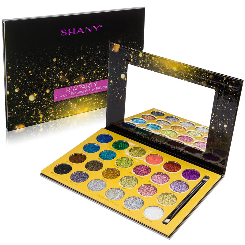 SHANY RSVParty Glitter Eyeshadow Palette - 24 Long-Lasting Pressed Glitter Pigments for Face and Body - Ultra Pigmented Glitter Makeup set with Brush.