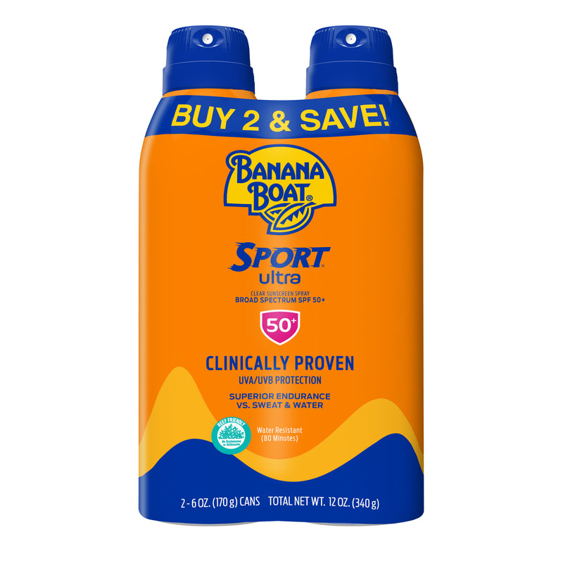 Banana Boat Sport Ultra Sunscreen Spray 12 Oz Twin Pack, SPF 50, Reef Friendly Sunblock, Superior Endurance VS Sweat And Water