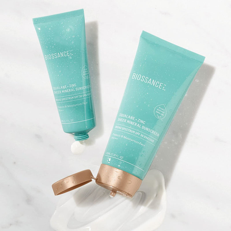 Biossance Squalane + Zinc Sheer Mineral Sunscreen. SPF 30 PA+++ Zinc Oxide Sunscreen That Protects and Hydrates Sensitive Skin. Lightweight, Non-Greasy and Reef-Safe. Travel Size (0.6 ounces)