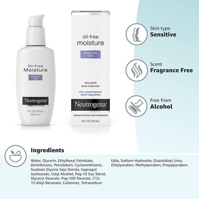 Neutrogena Oil-Free Daily Facial Moisturizer for Sensitive Skin, Ultra-Gentle & Lightweight Moisturizers Free of Fragrances & Dyes, 4 fl. oz