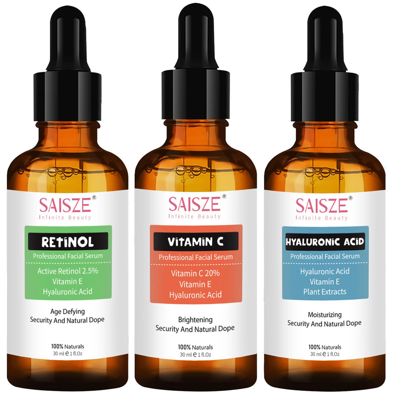 Set of SAISZE Anti-Aging Facial Serum Set - Vitamin C Serum, Hyaluronic Acid Serum, Retinol Serum - Brightening Serum, Anti Wrinkle Serum, Dark Spot Corrector for Face, Acne Scars, Pore Minimizer - 3x1 Fl Oz