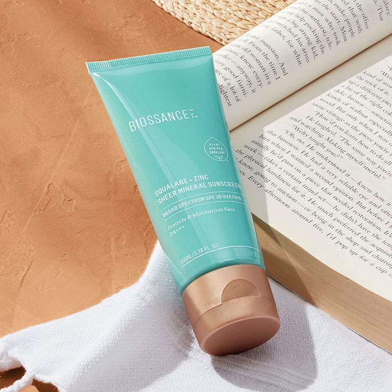 Biossance Squalane + Zinc Sheer Mineral Sunscreen. SPF 30 PA+++ Zinc Oxide Sunscreen That Protects and Hydrates Sensitive Skin. Lightweight, Non-Greasy and Reef-Safe. Travel Size (0.6 ounces)