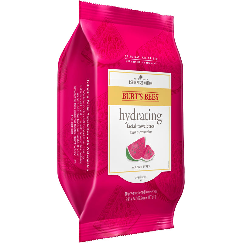 Burts Bees Hydrating Pre-moistened Facial Cleanser Towelettes with Watermelon, 30 Count