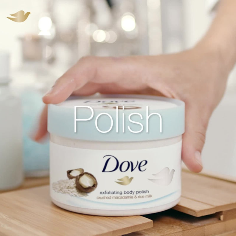 Dove Exfoliating Body Polish Scrub Macadamia & Rice Milk Body Scrub That Nourishes Skin Reveals Visibly Smoother Skin 10.5 oz