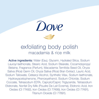Dove Exfoliating Body Polish Scrub Macadamia & Rice Milk Body Scrub That Nourishes Skin Reveals Visibly Smoother Skin 10.5 oz