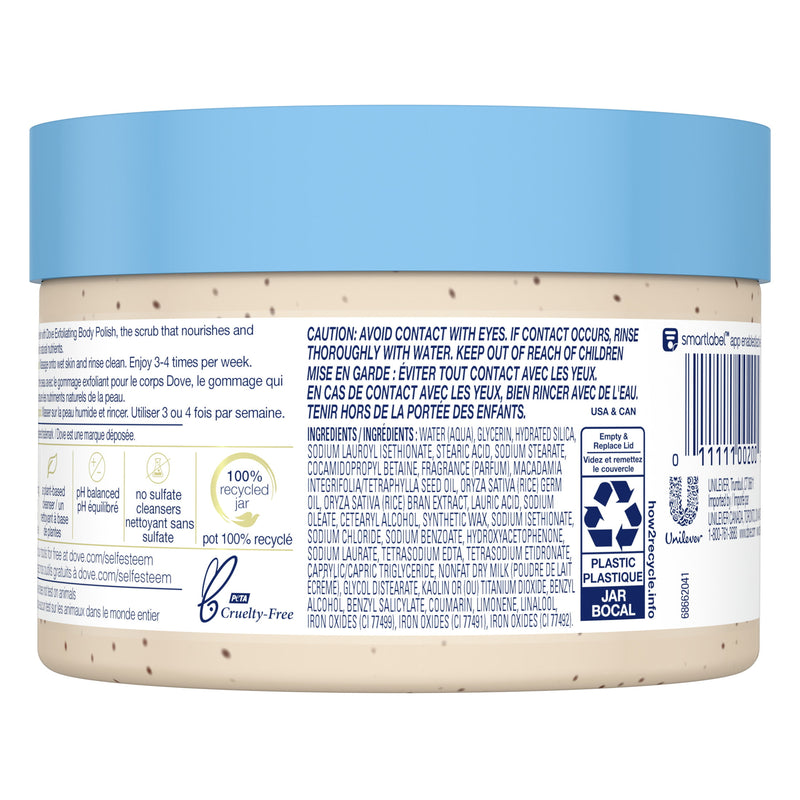 Dove Exfoliating Body Polish Scrub Macadamia & Rice Milk Body Scrub That Nourishes Skin Reveals Visibly Smoother Skin 10.5 oz