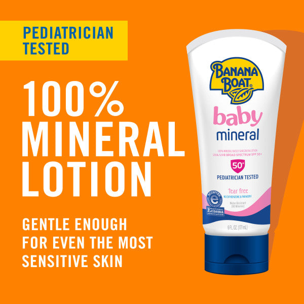 Banana Boat Baby 100% Mineral Sunscreen Lotion 6 Oz, SPF 50, Tear Free, Water Resistant Up To 80 Minutes, No Added Oils, Fragrance, or Parabens