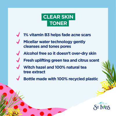 St. Ives Clear Skin 3-in-1 Face Toner Made with 1% Vitamin B3, Micellar Water Technology, 100% Natural Tea Tree Extract, and Witch Hazel 8.5 oz