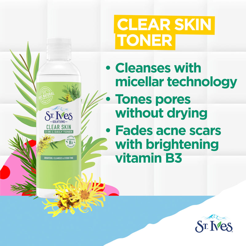 St. Ives Clear Skin 3-in-1 Face Toner Made with 1% Vitamin B3, Micellar Water Technology, 100% Natural Tea Tree Extract, and Witch Hazel 8.5 oz