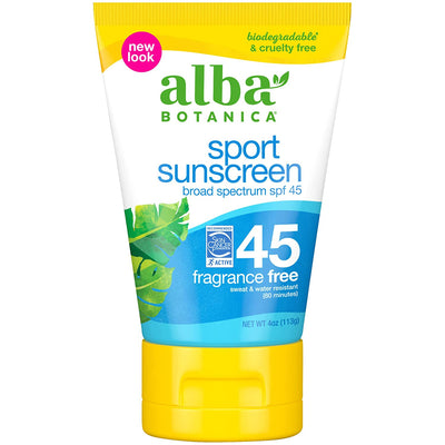 Alba Botanica Sport Sunscreen Lotion, SPF 45, Fragrance Free, 4 Oz